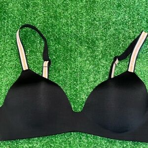 T-shirt Lightly Lined Wireless Bra Black with metallic rose gold on straps
